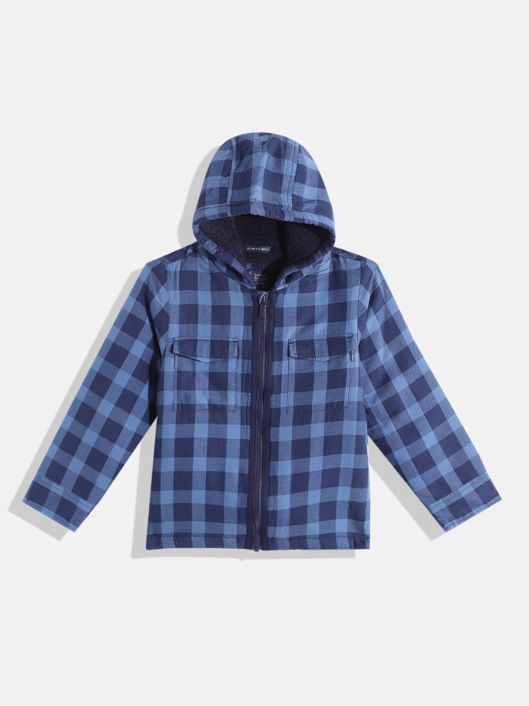 indian terrain boys blue pure cotton checked hooded tailored jacket