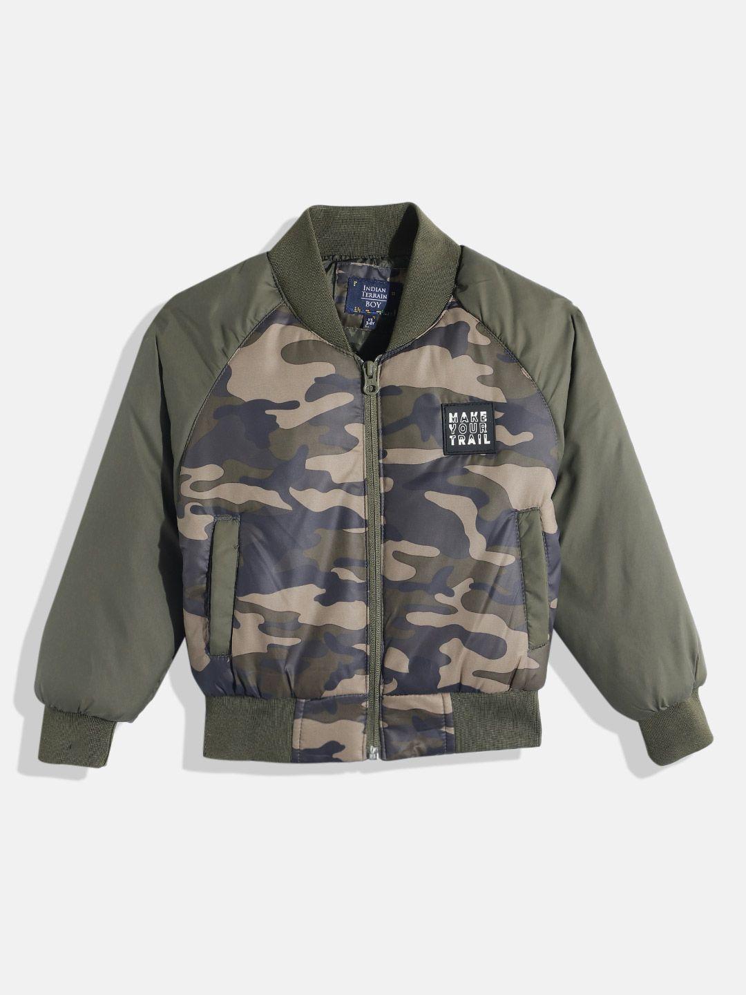 indian terrain boys camouflage printed applique detailed bomber jacket