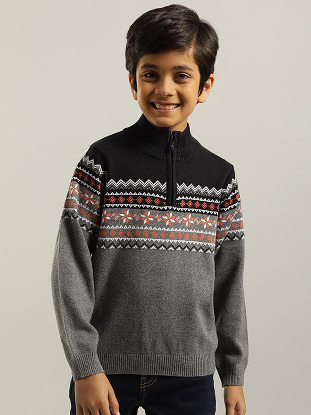 indian terrain boys geometric printed stand collar pure cotton pullover