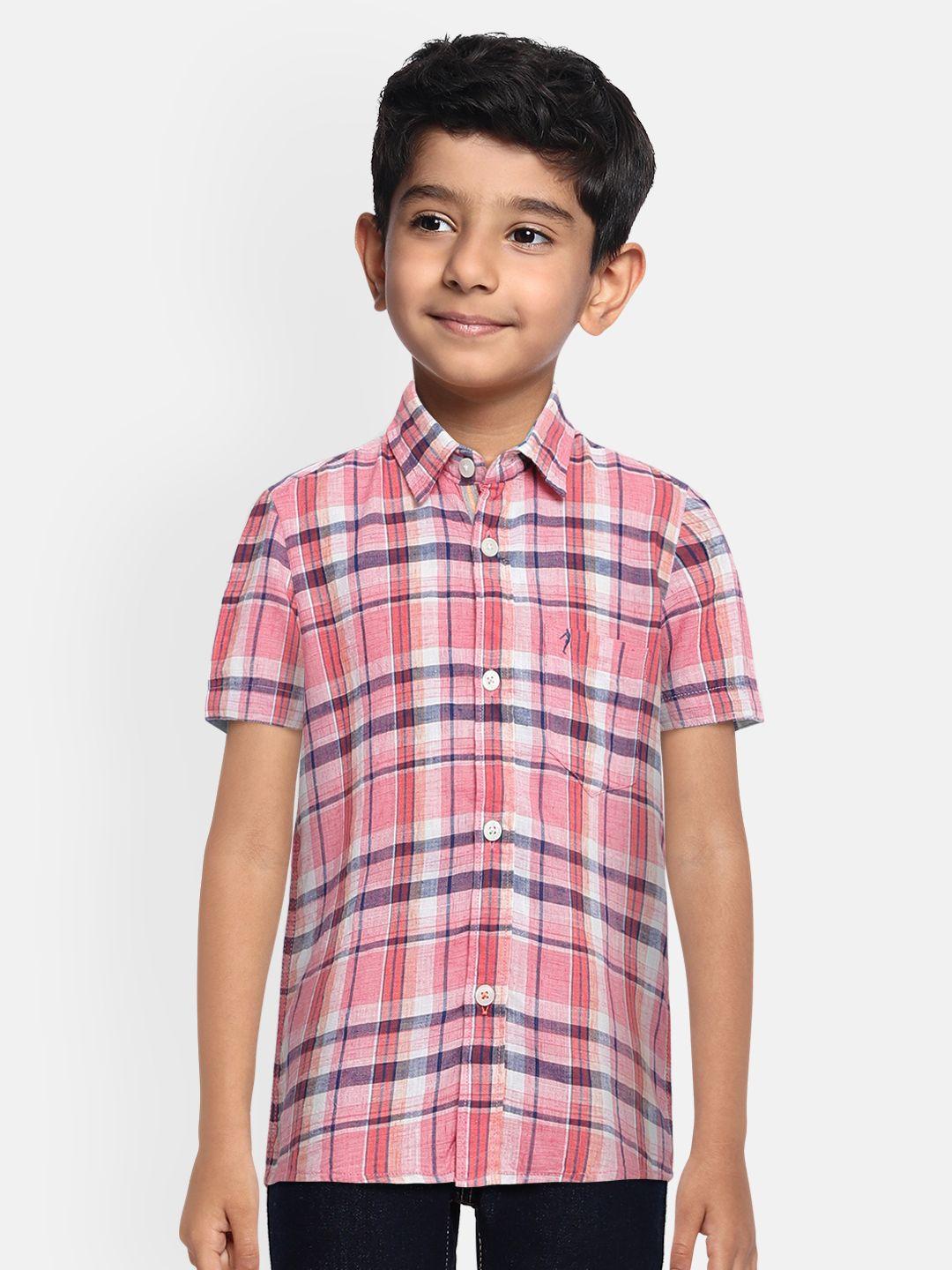 indian terrain boys pink & white regular fit pure cotton checked casual shirt