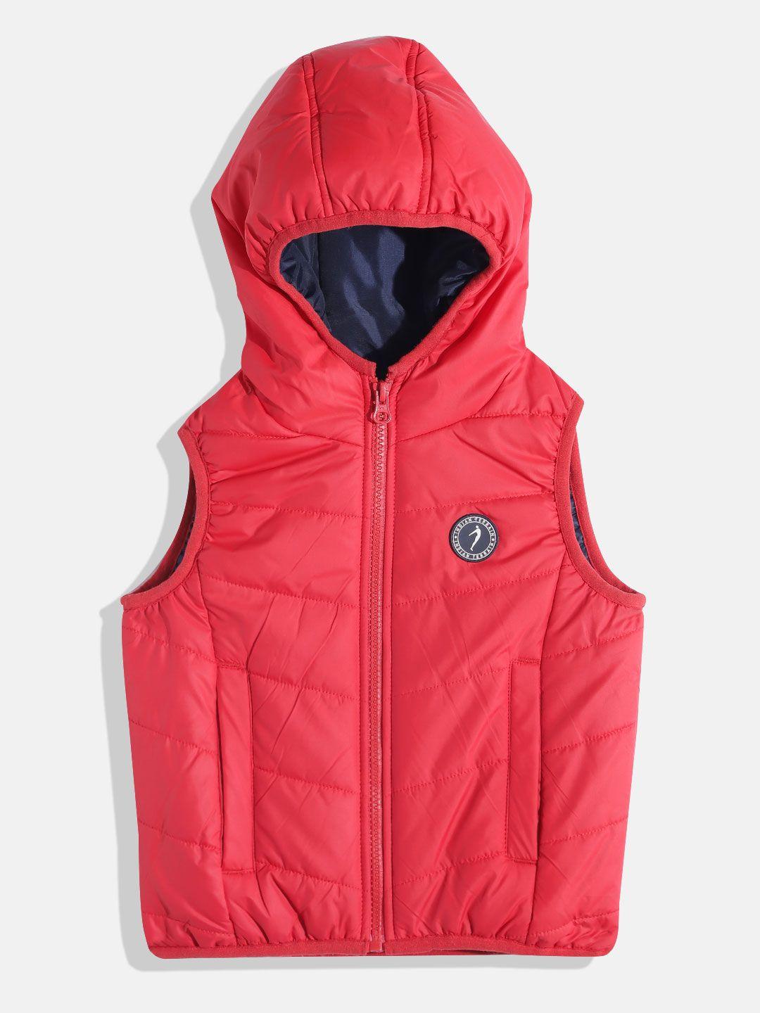 indian terrain boys solid applique detail sleeveless hooded padded jacket