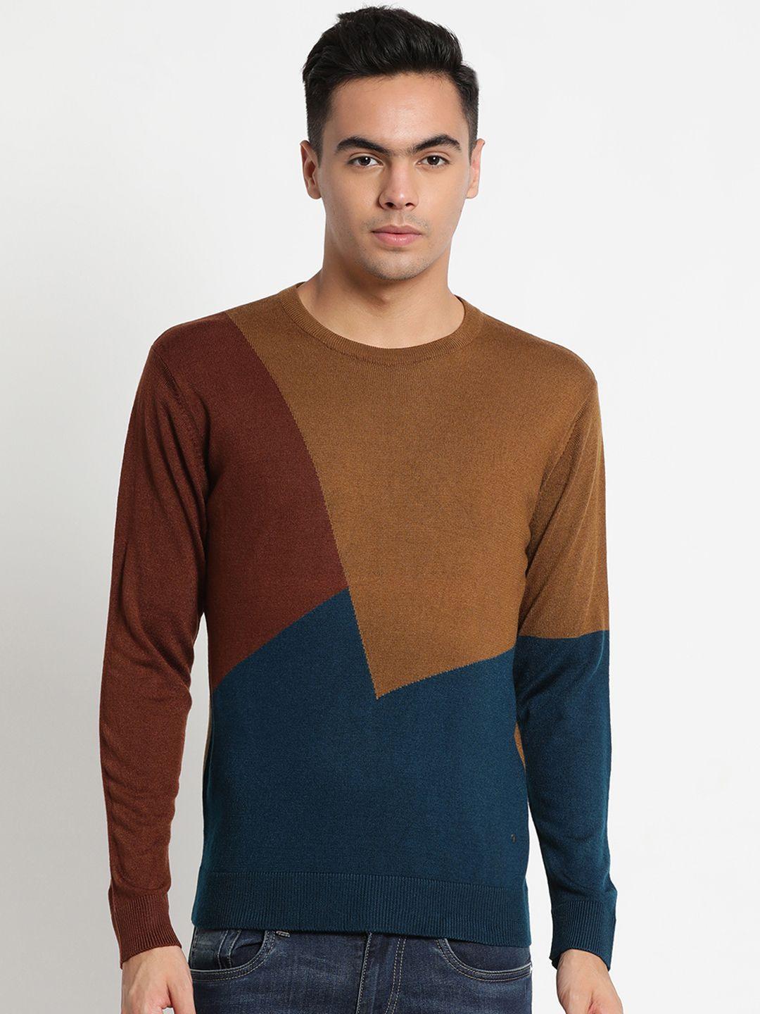 indian terrain men brown & teal blue colourblocked acrylic sweater