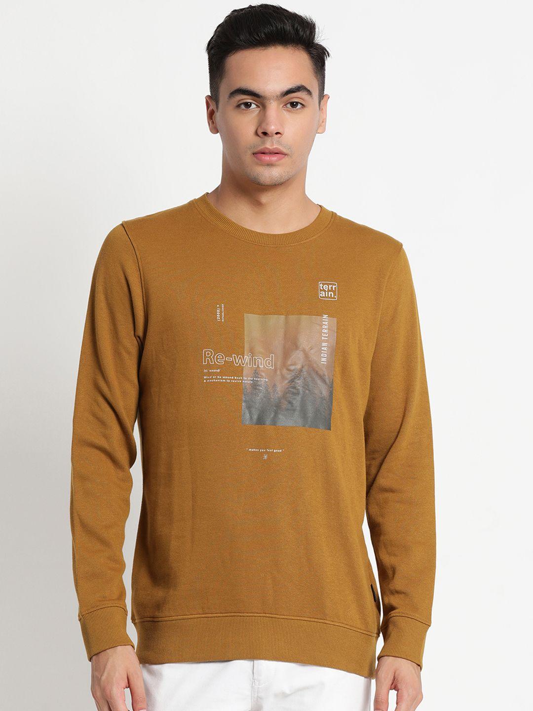 indian terrain men mustard brown printed sweatshirt