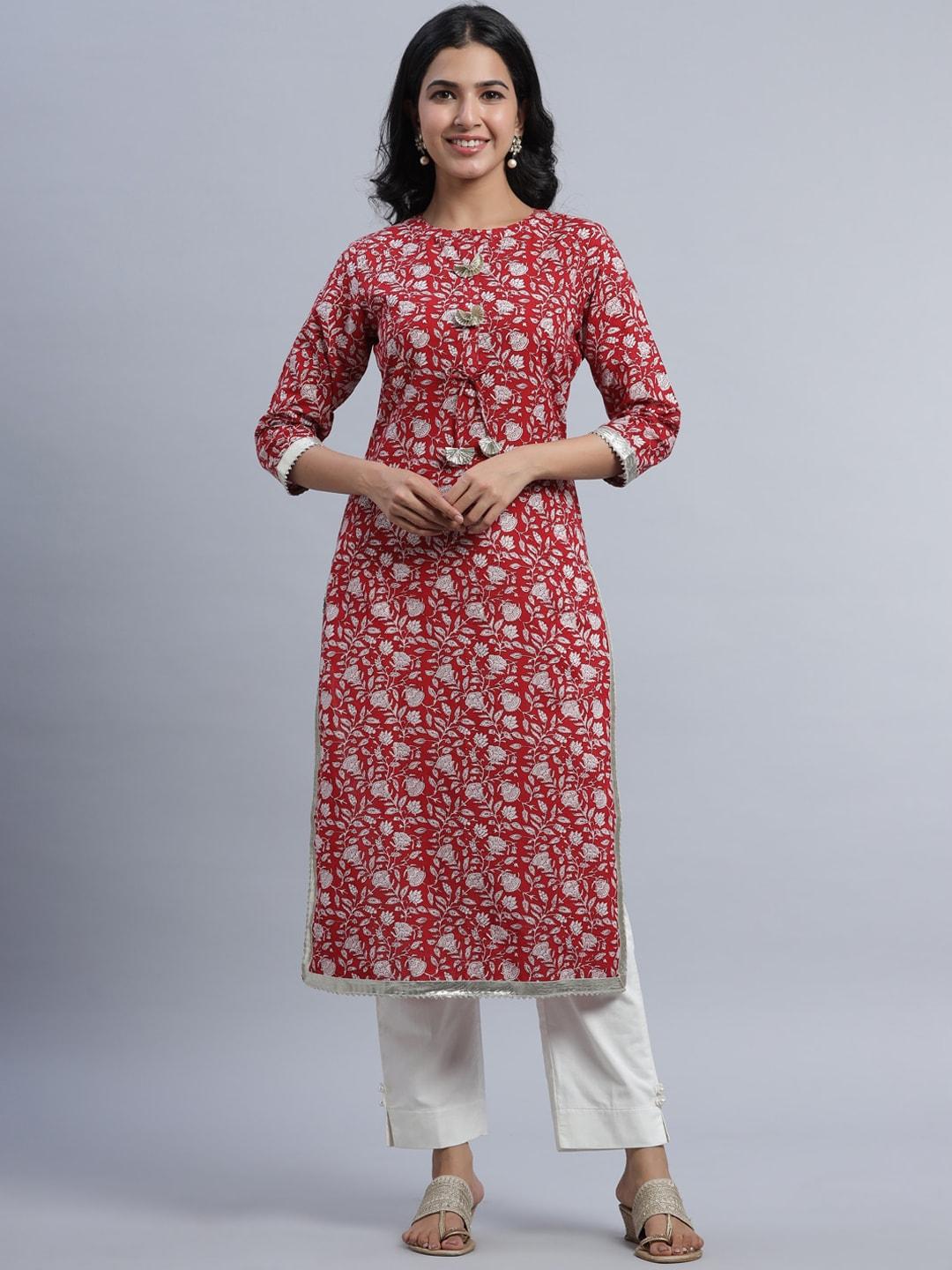 indian virasat women maroon & white floral printed gotta patti cotton kurta