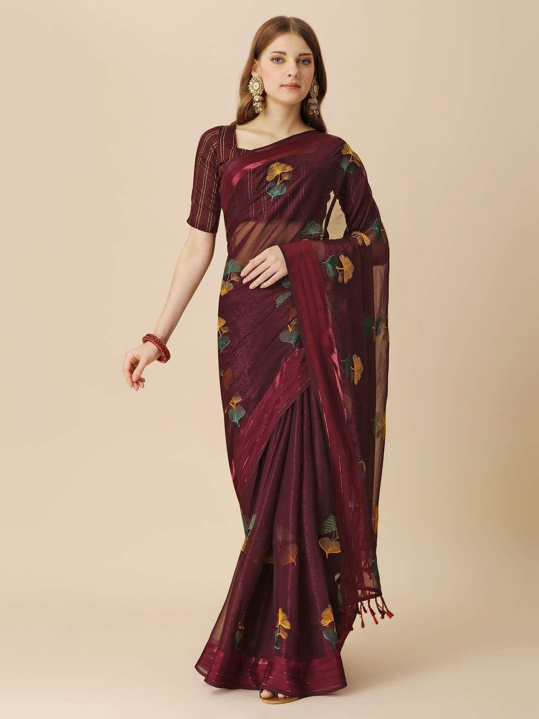 indian women floral embroidered pure chiffon saree