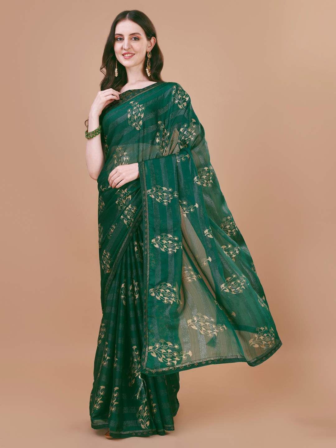 indian women floral foil printed pure chiffon saree