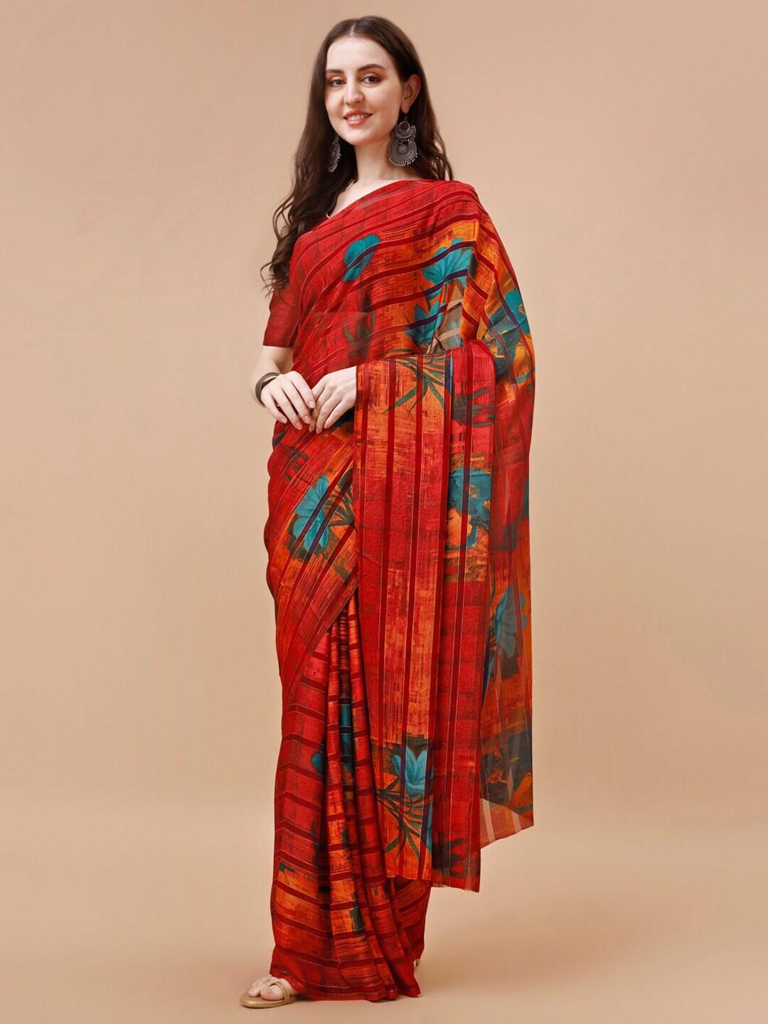indian women floral printed pure chiffon saree