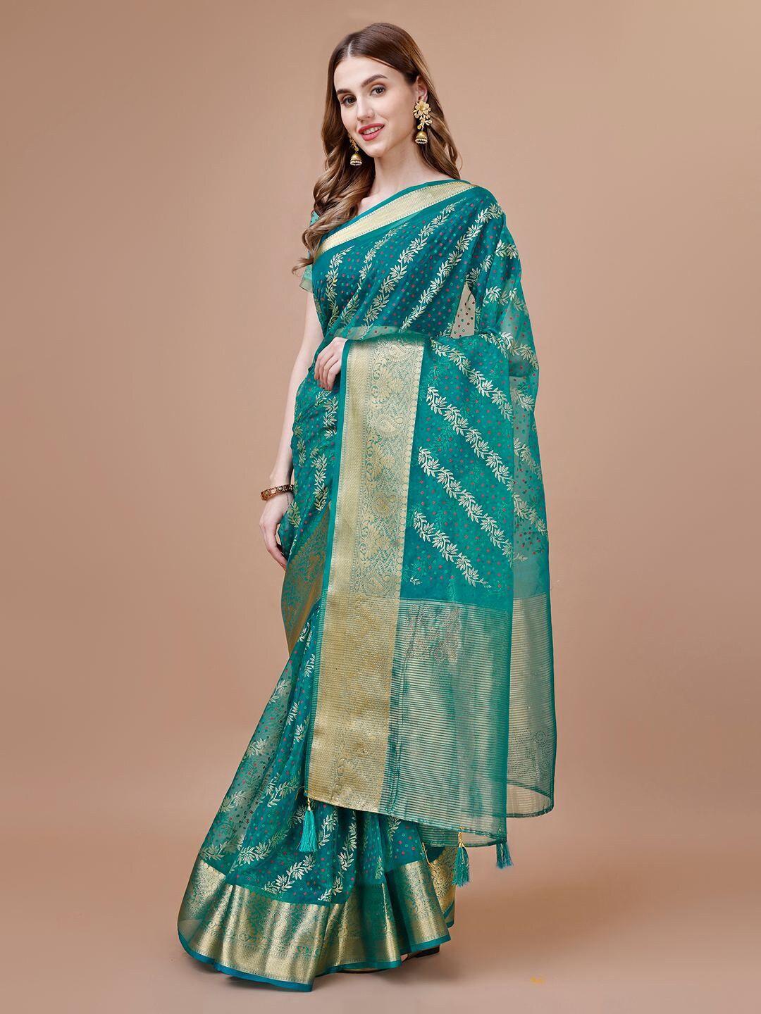 indian women floral woven design zari organza saree