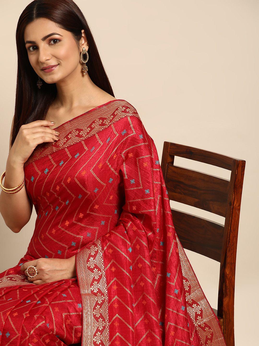 indian women printed zari silk blend saree