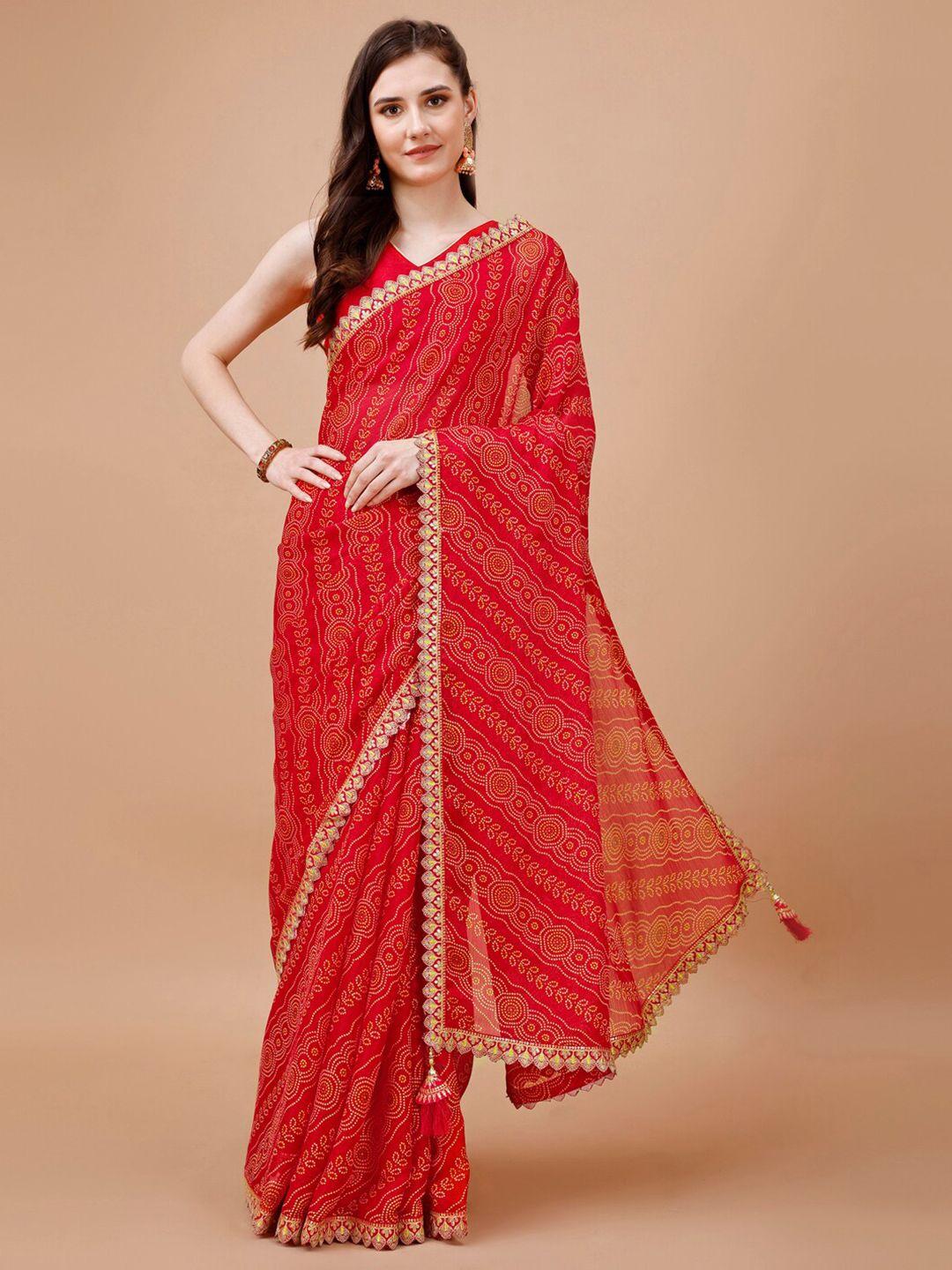 indian women red bandhani pure chiffon designer saree