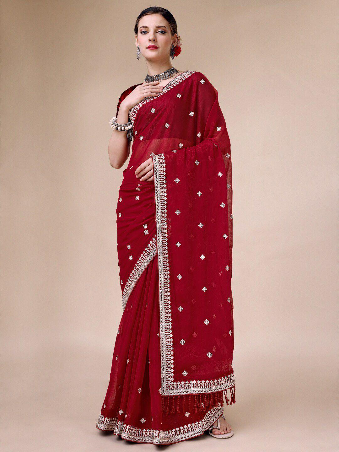 indian women sequin embellished pure chiffon saree