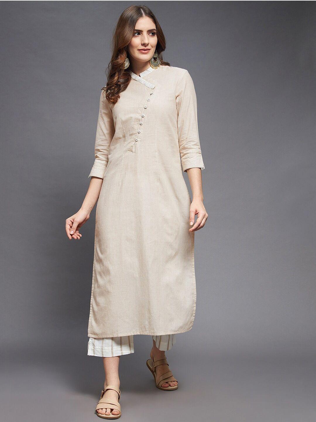 indian dobby women beige pleated pure cotton kurta with trousers