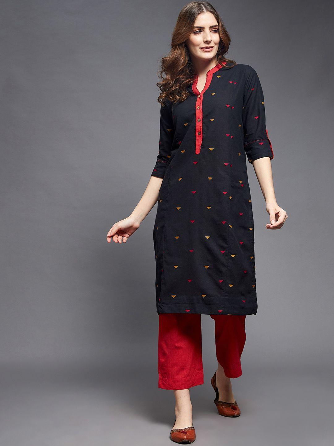 indian dobby women black printed thread work pure cotton kurta with trousers