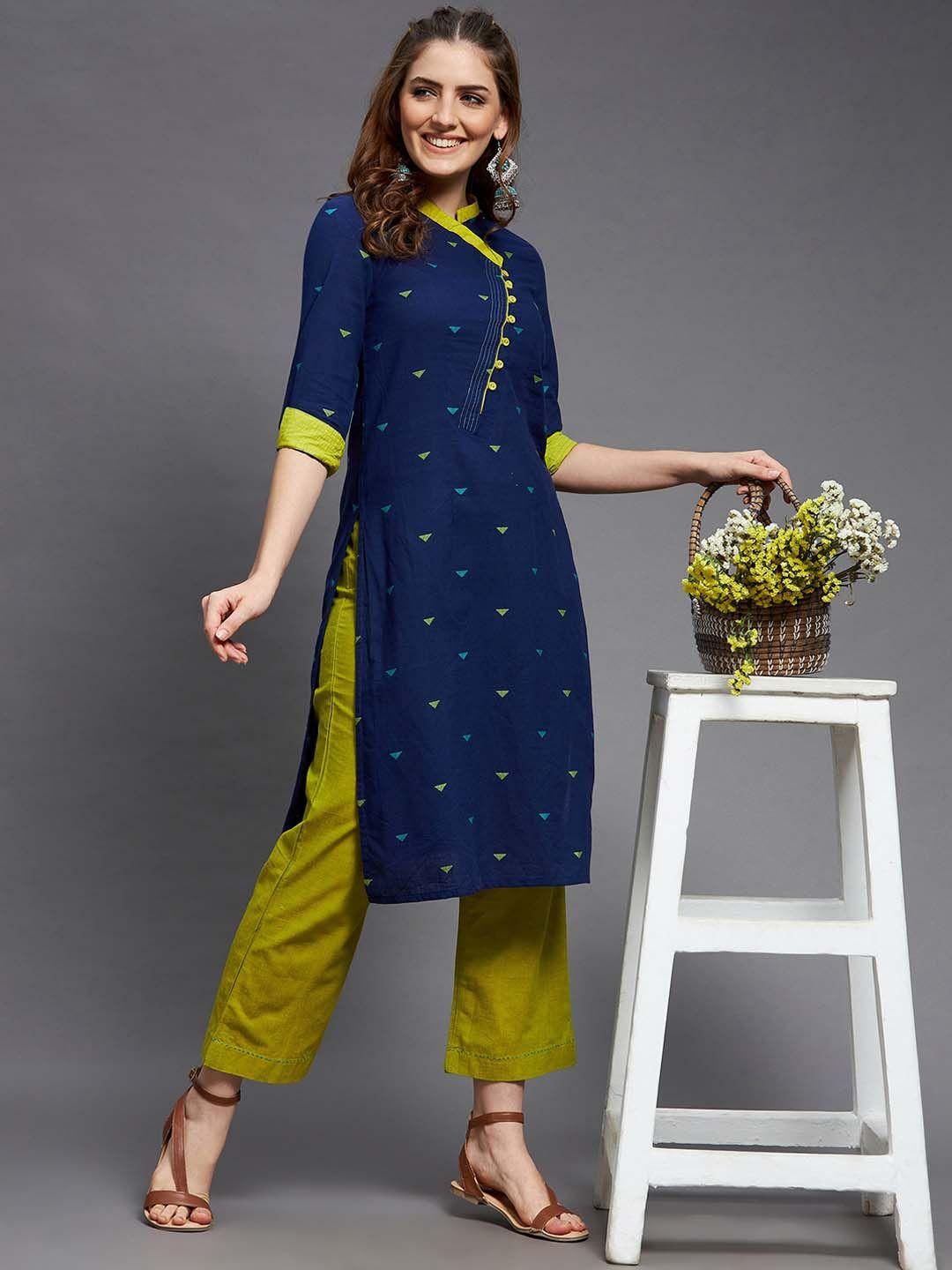 indian dobby women blue printed pure cotton kurta and trouser