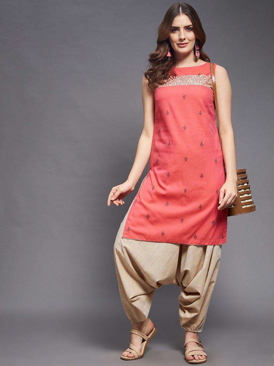 indian dobby women coral printed pure cotton kurta with harem pants