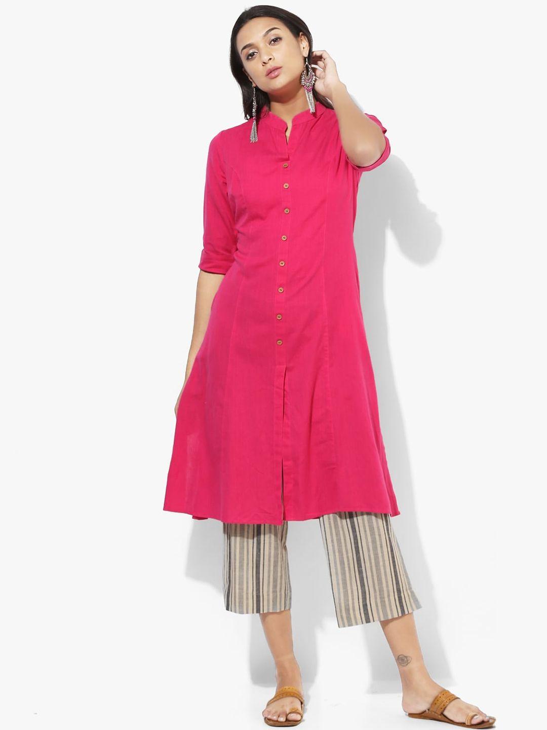 indian dobby women fuchsia pink solid panelled pure cotton straight kurta