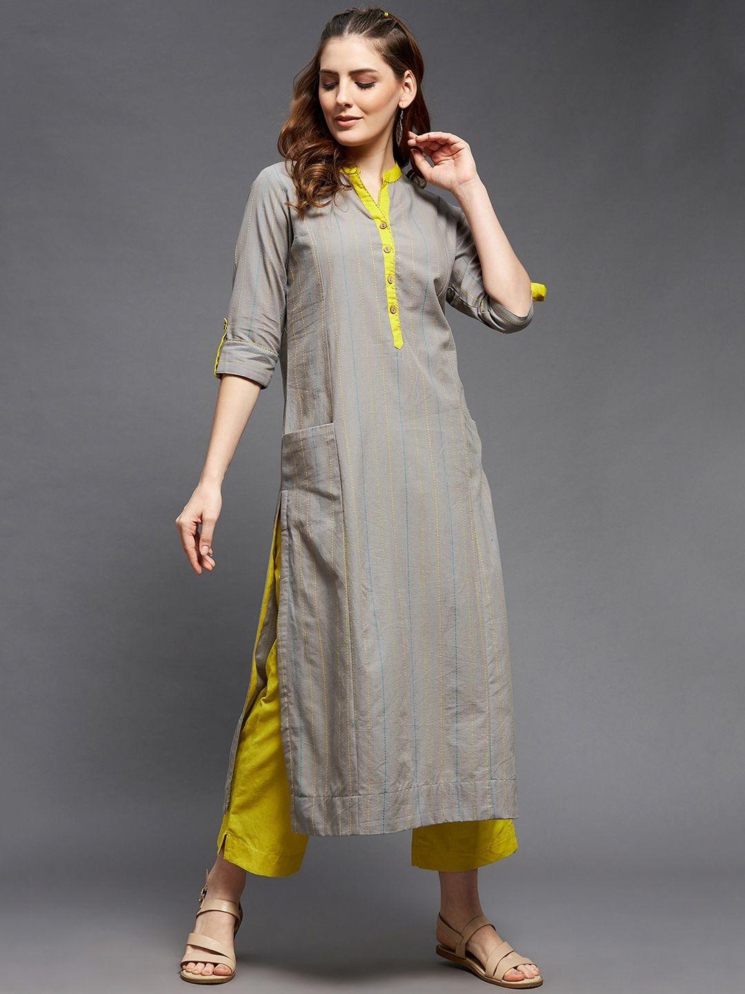 indian dobby women grey & yellow striped kantha work indie prints dobby pure cotton kurta