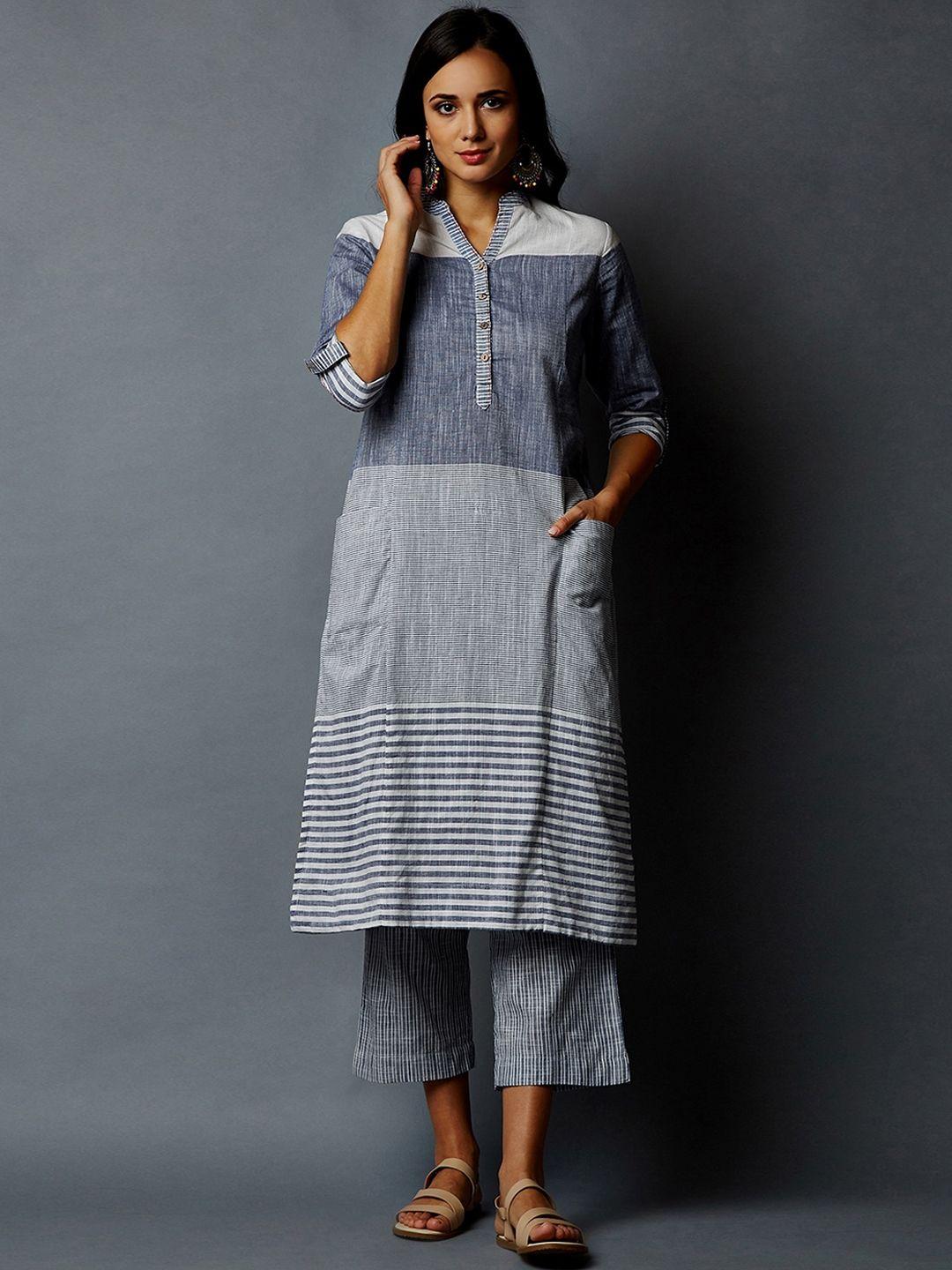 indian dobby women grey striped thread work kurta