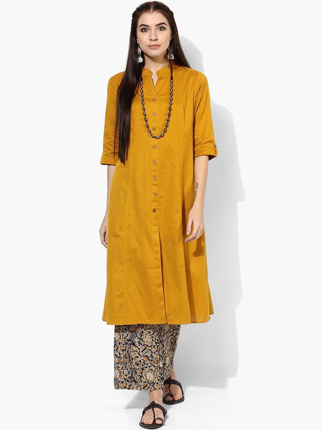 indian dobby women mustard yellow thread work band collar princess seam pockets kurta