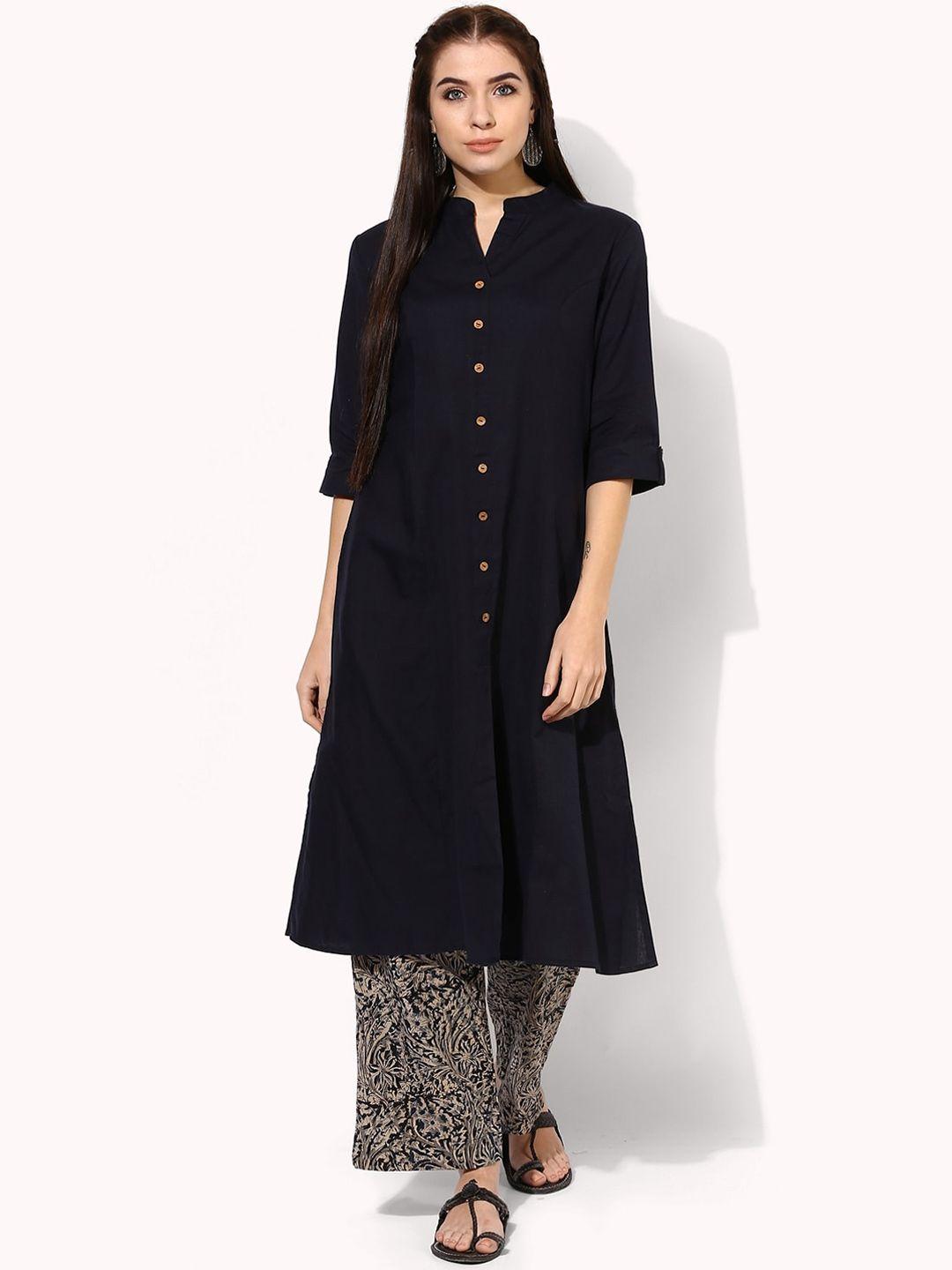 indian dobby women navy blue checked thread work kurta