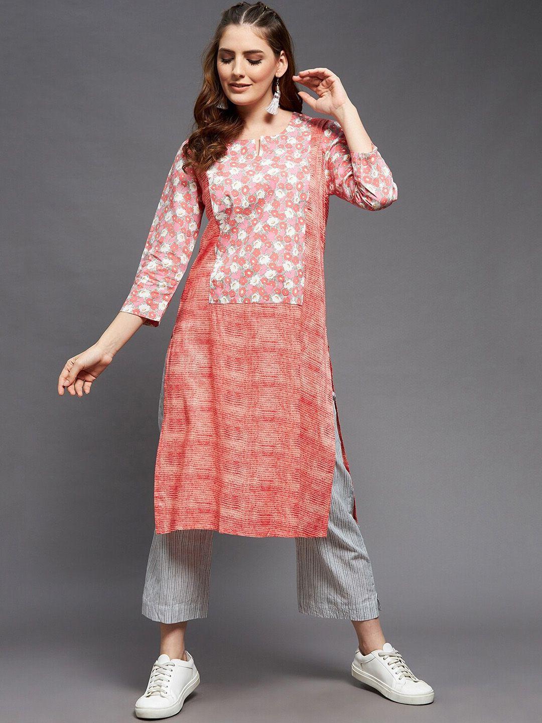 indian dobby women peach-coloured ethnic motifs printed flared sleeves thread work kurta