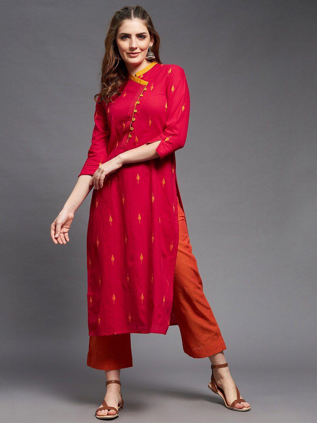 indian dobby women red & yellow thread work dobby handloom kurta