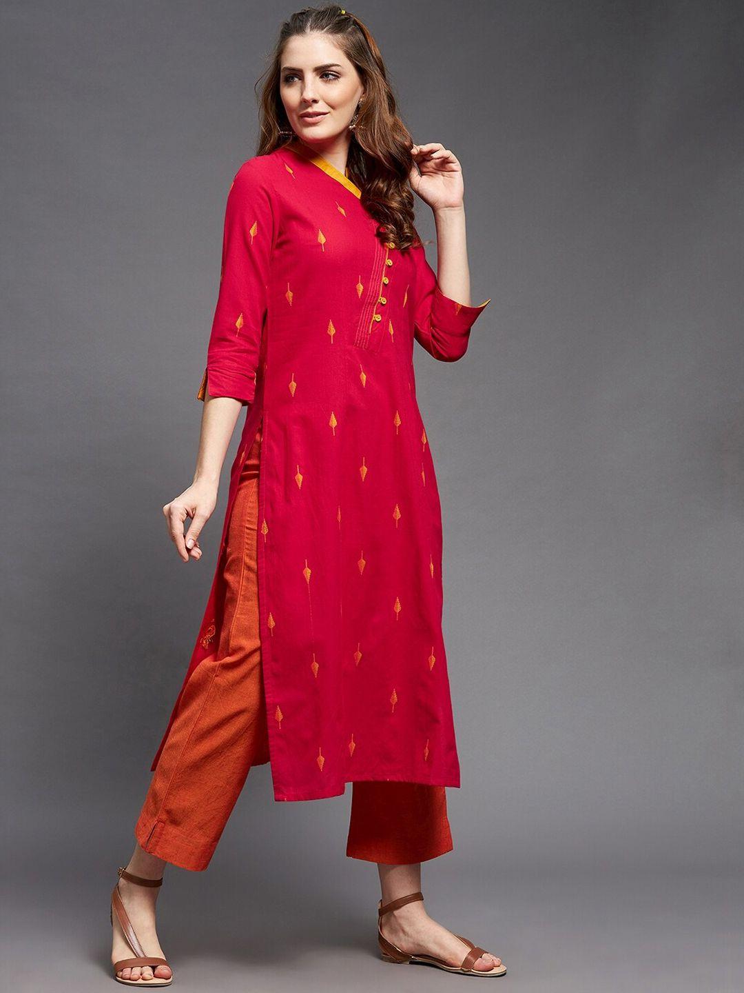 indian dobby women red ethnic motifs embroidered pure cotton kurta with trousers