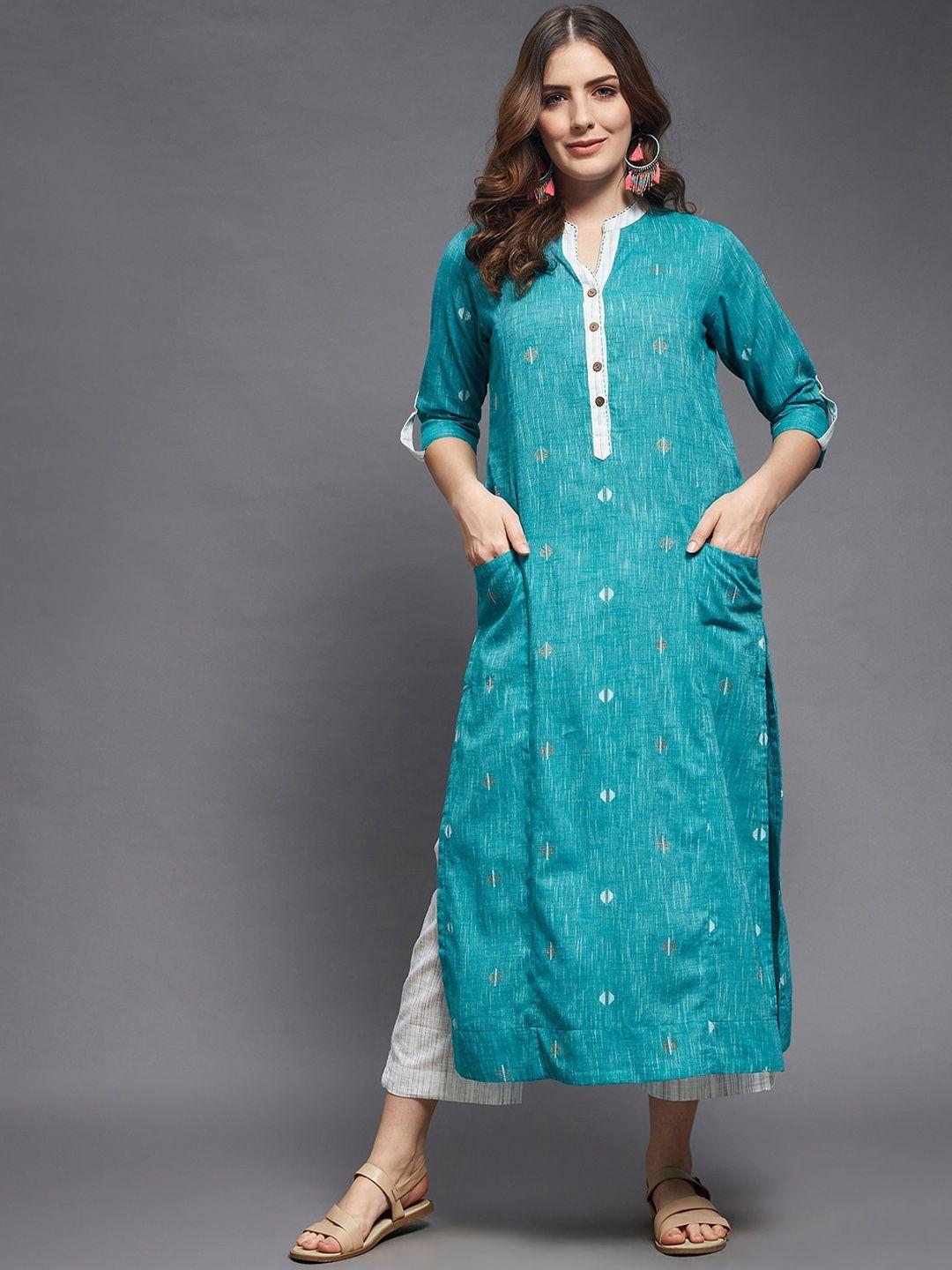 indian dobby women turquoise blue printed pure cotton kurta with palazzos