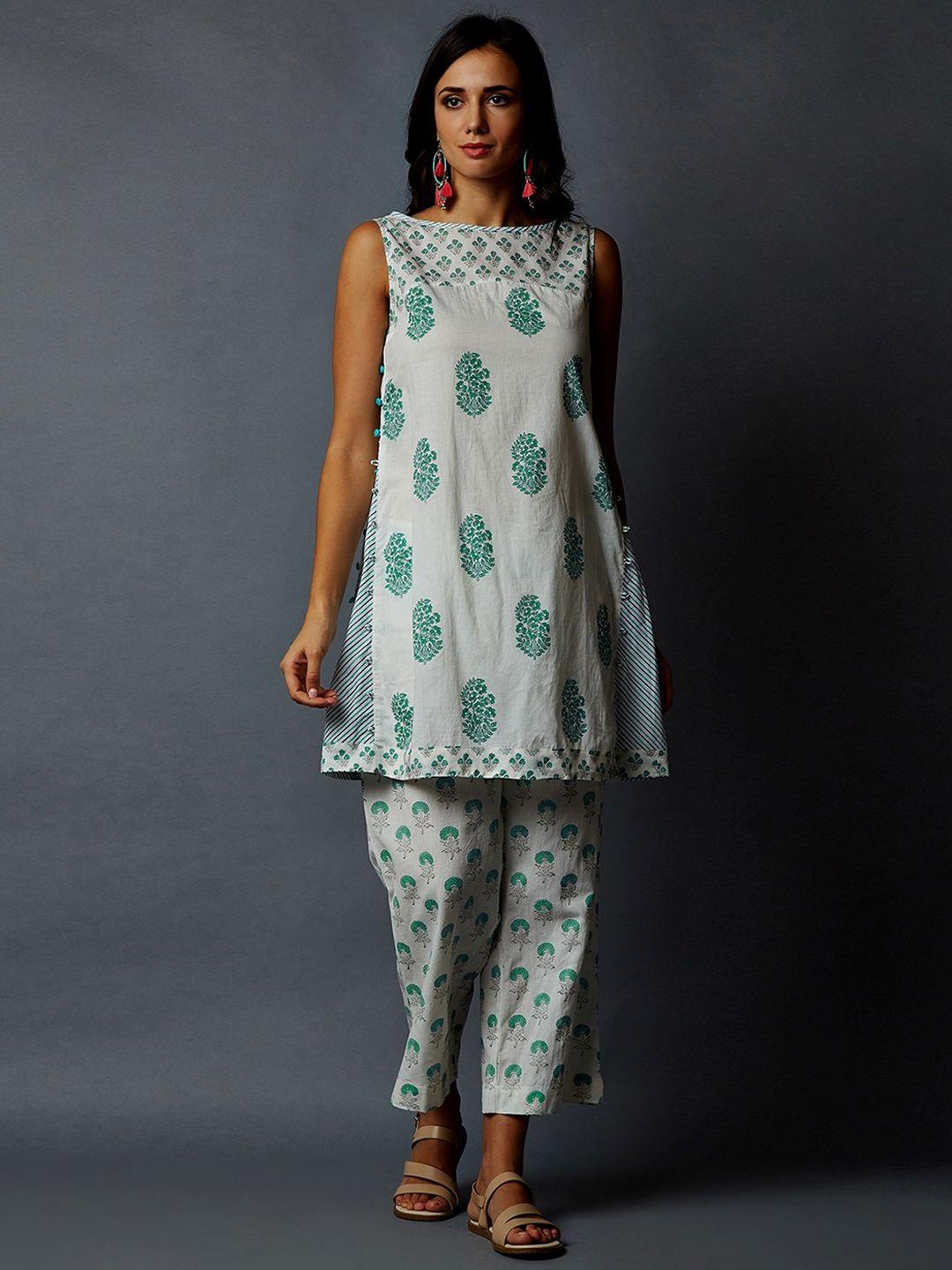 indian dobby women white & green ethnic motifs printed block print pure cotton kurta
