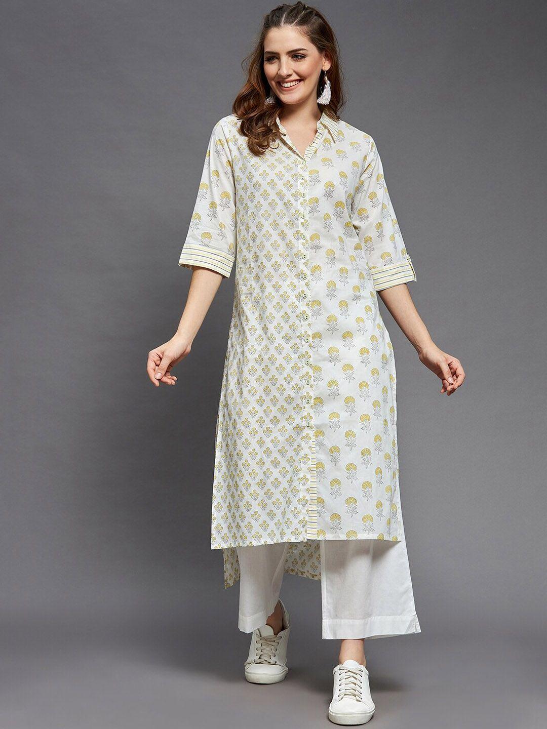 indian dobby women white & yellow floral printed flared sleeves block print pakistani style kurta