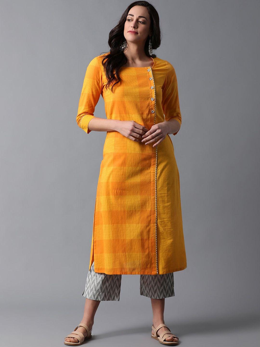 indian dobby women yellow & orange checked kurta