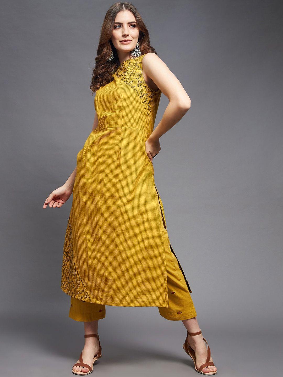 indian dobby women yellow high slit pure cotton kurti with trousers