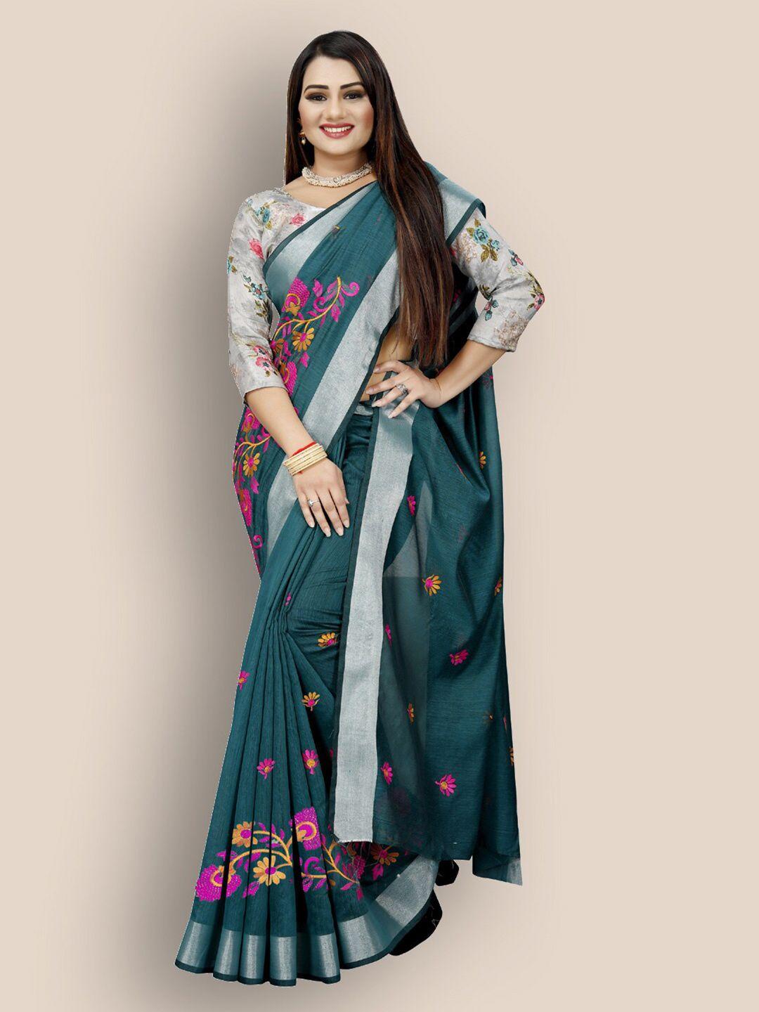 indian fashionista fluorescent green & pink floral embroidered silk cotton uppada saree