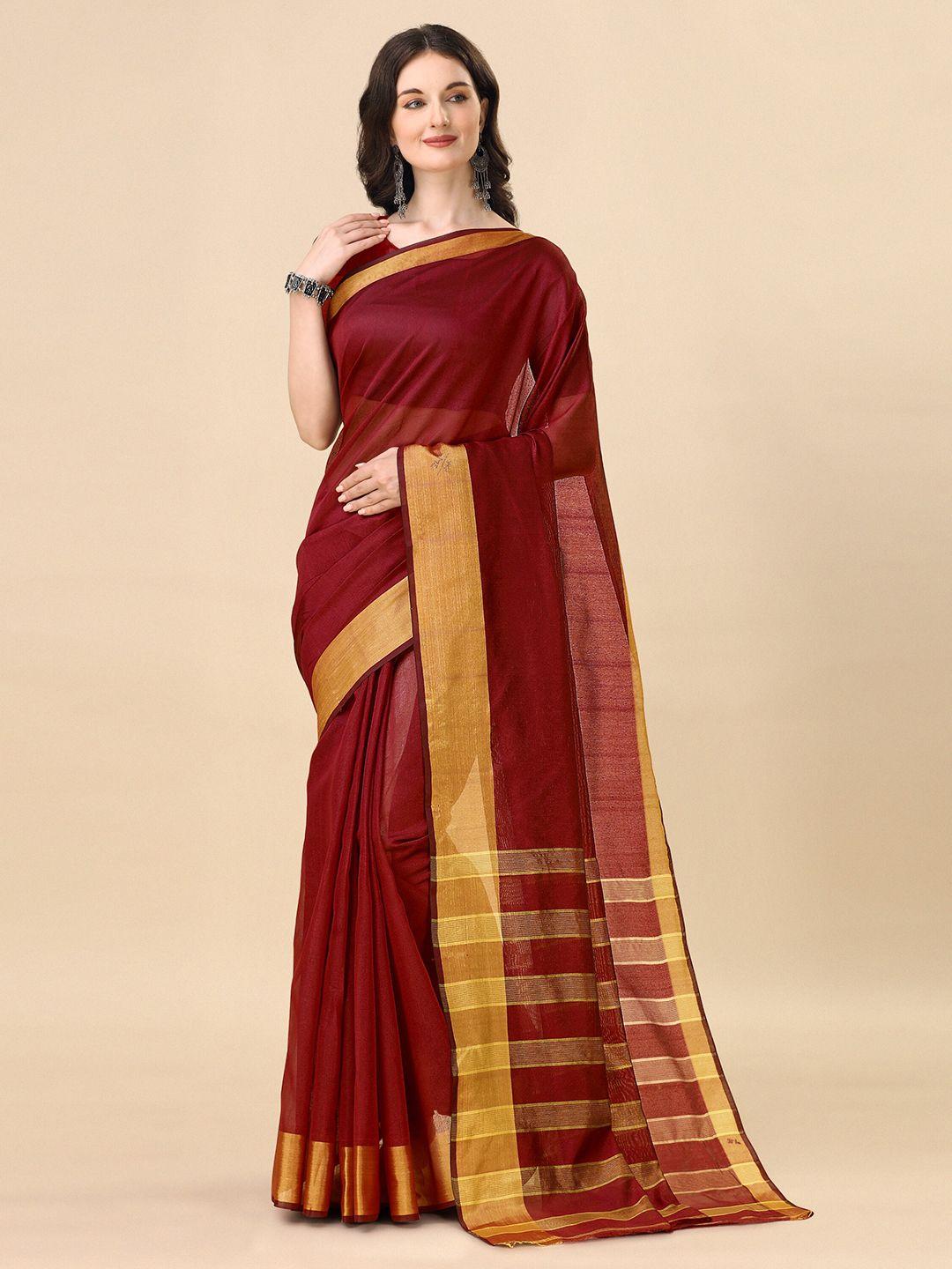indian fashionista maroon & yellow striped zari art silk ikat saree