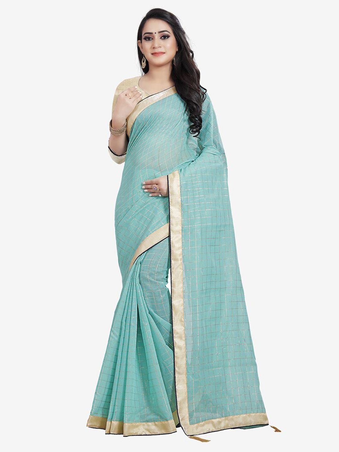 indian fashionista turquoise blue & gold-toned checked gotta patti lace  khadi saree