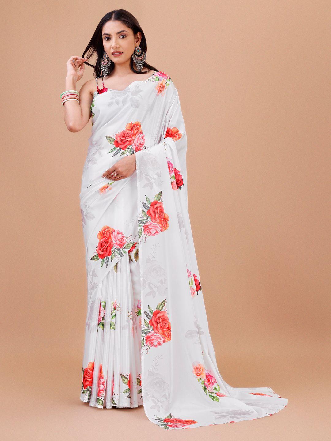 indian fashionista white & red floral silk blend saree