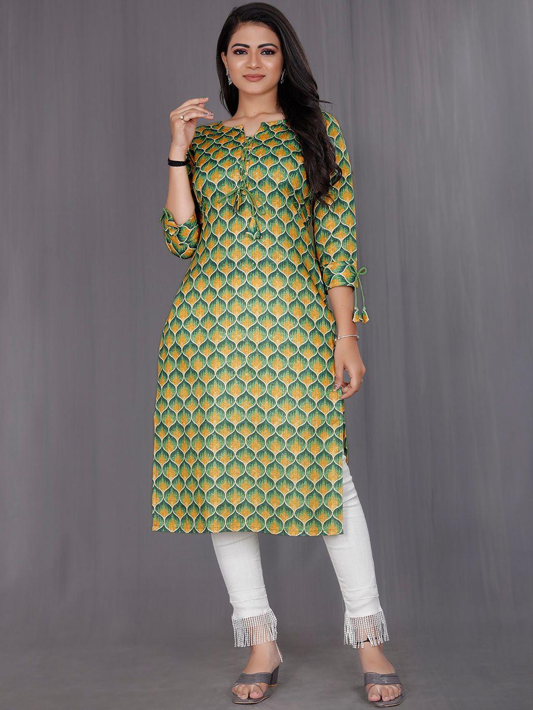 indian fashionista women lime green geometric printed thread work summer sheers brocade kurta