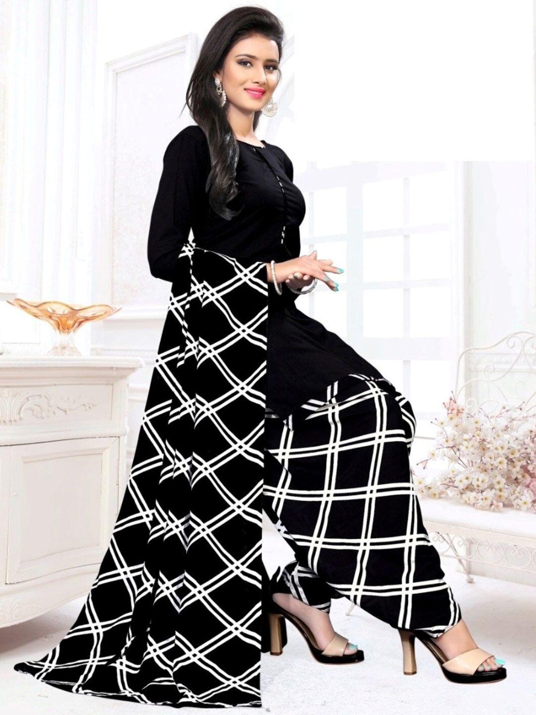 indian heritage black & white printed silk crepe unstitched dress material