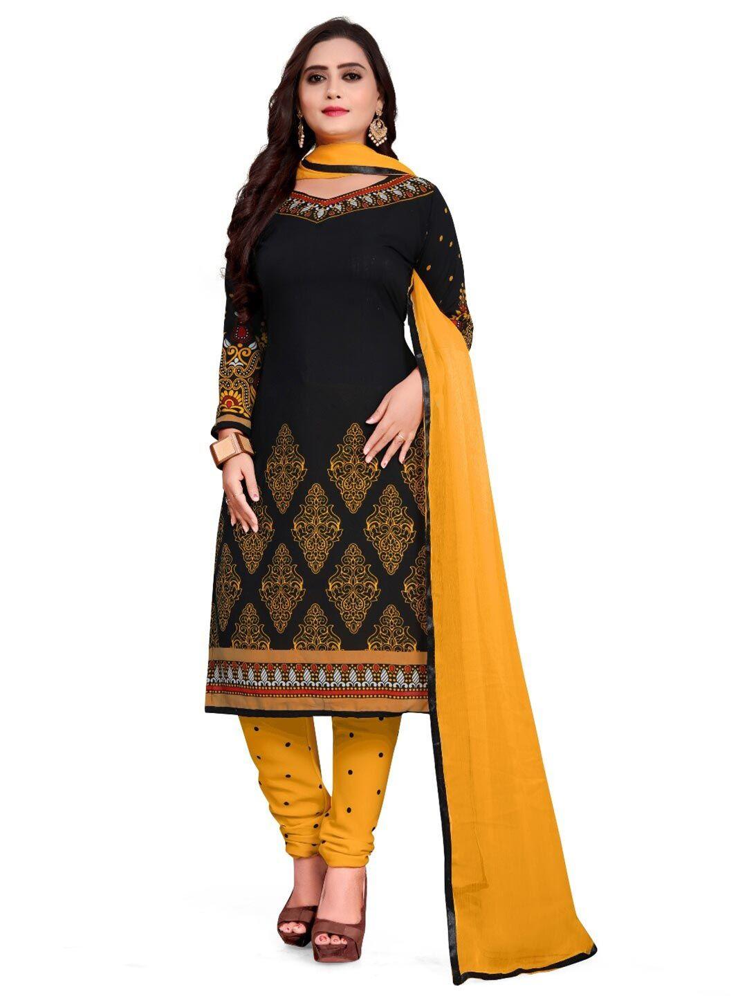 indian heritage black & yellow printed silk crepe unstitched dress material