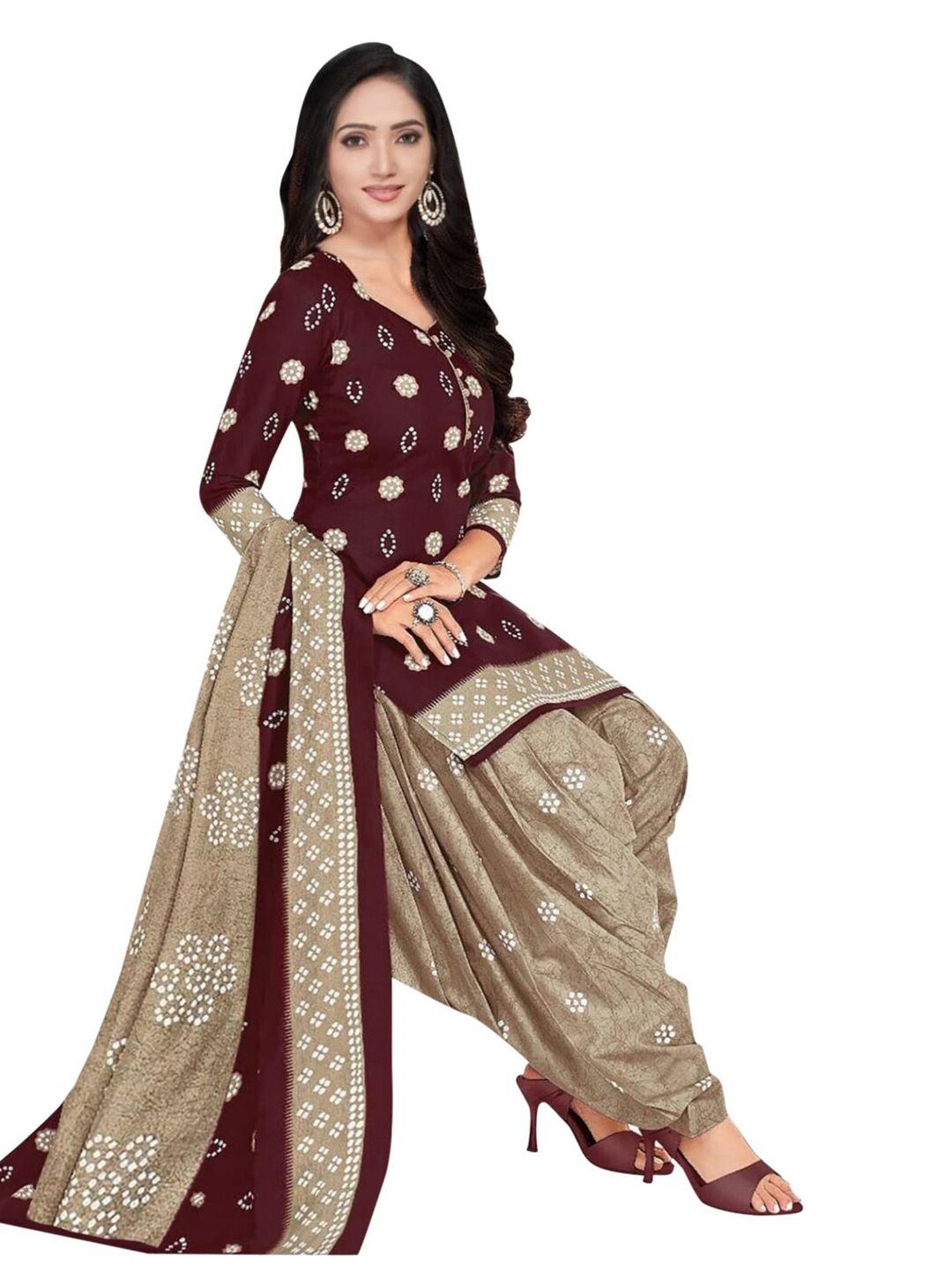 indian heritage brown & white printed unstitched dress material