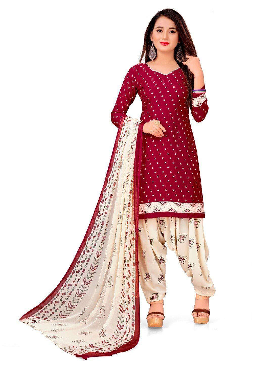 indian heritage maroon & cream-coloured printed silk crepe unstitched dress material