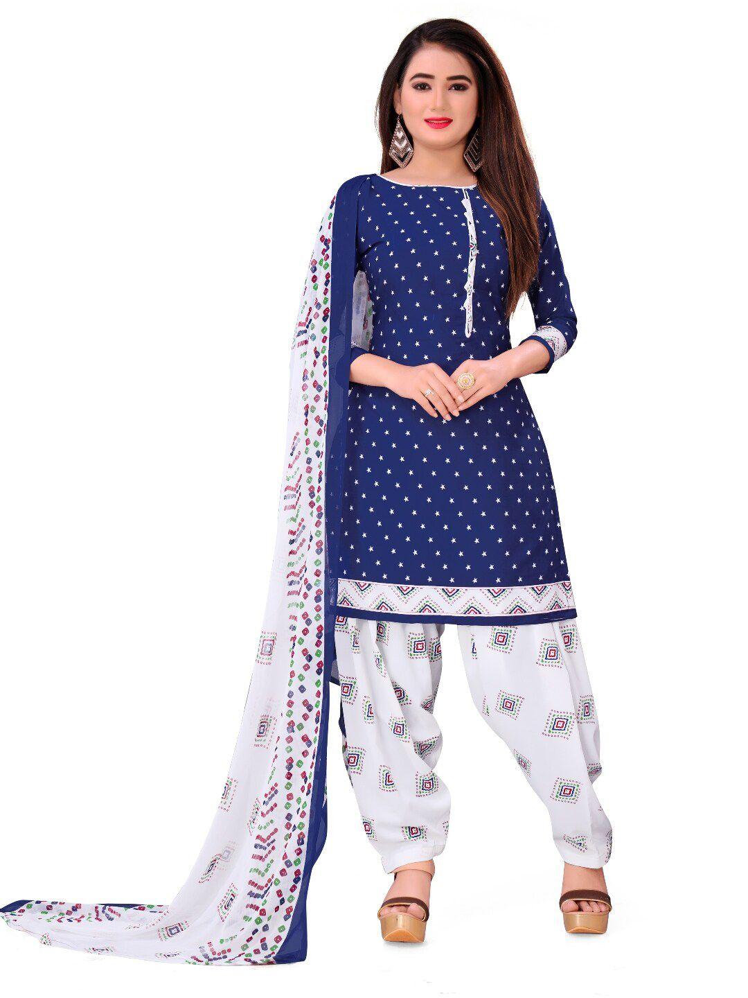 indian heritage navy blue & off white printed silk crepe unstitched dress material