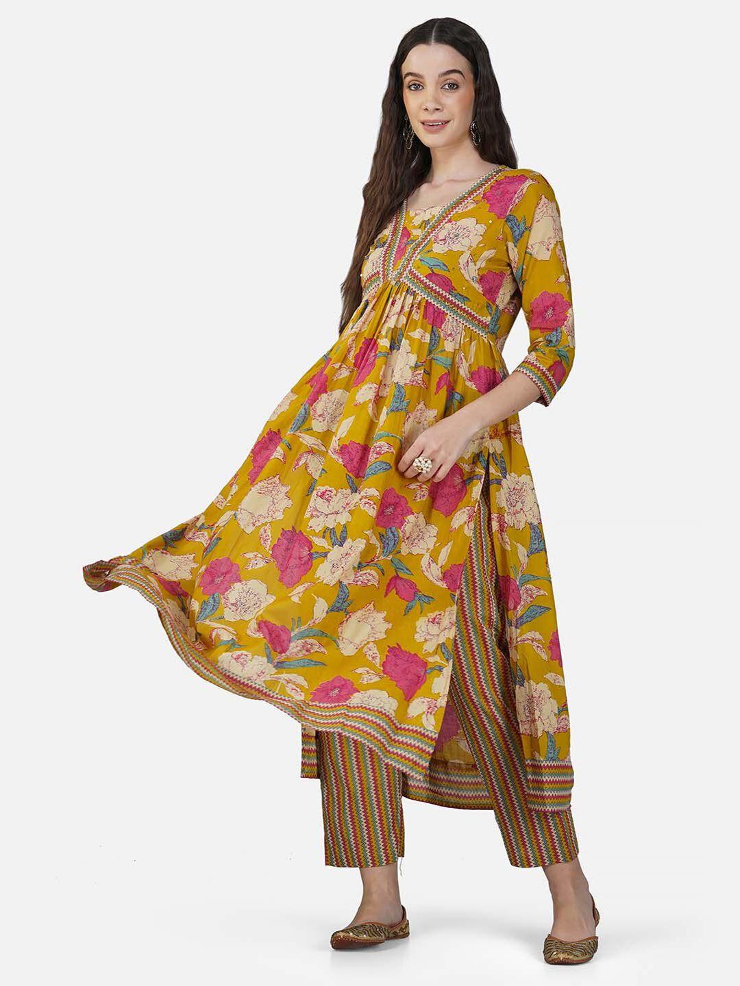 indian knots floral printed sequinned square neck cotton empire kurta with pant & dupatta