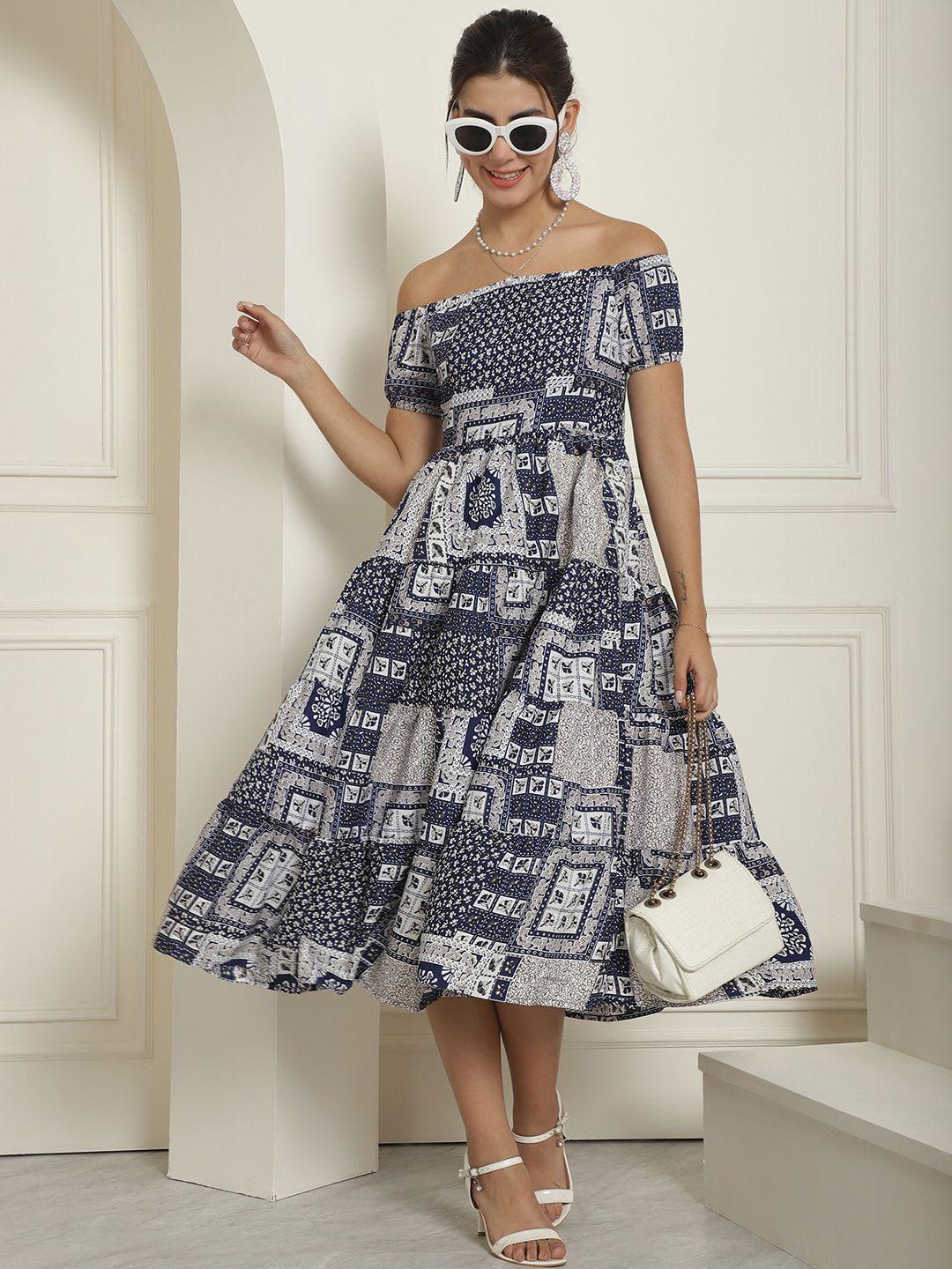 indian needle abstract printed off-shoulder fit & flare midi dress