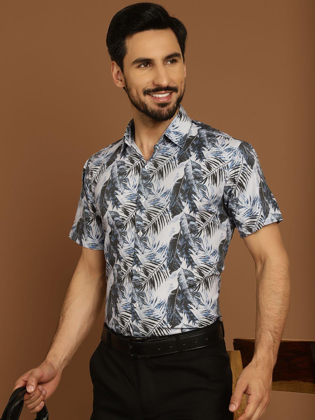 indian needle classic floral printed spread collar short sleeves formal shirt