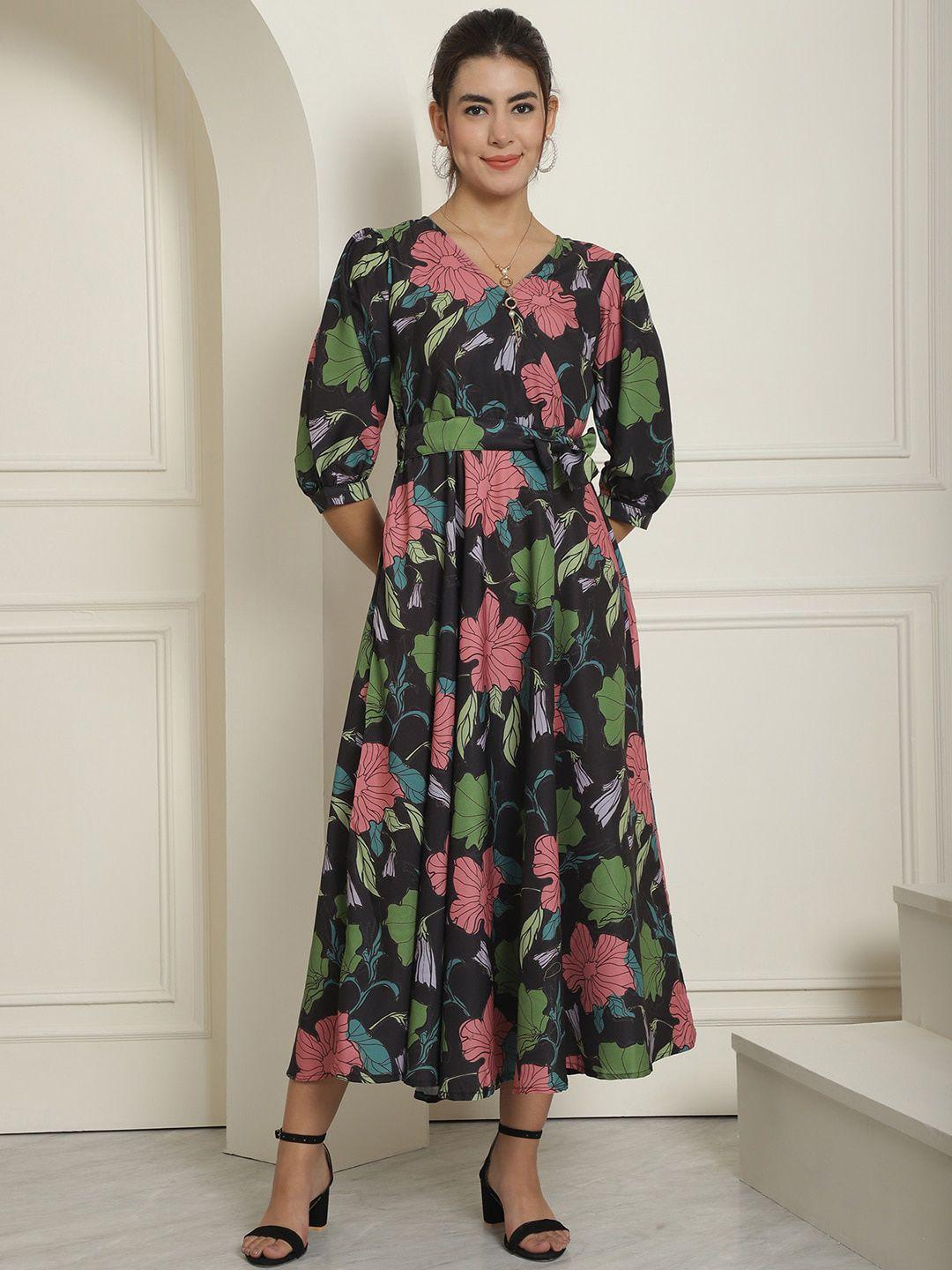 indian needle floral printed wrap a-line maxi dress with belt