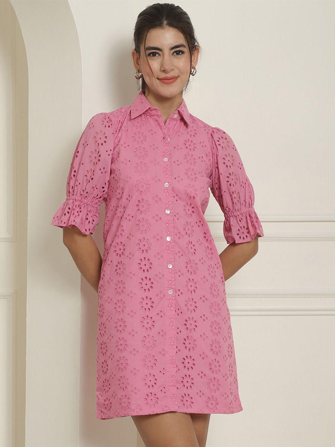 indian needle geometric embroidered cotton schiffli a-line dress