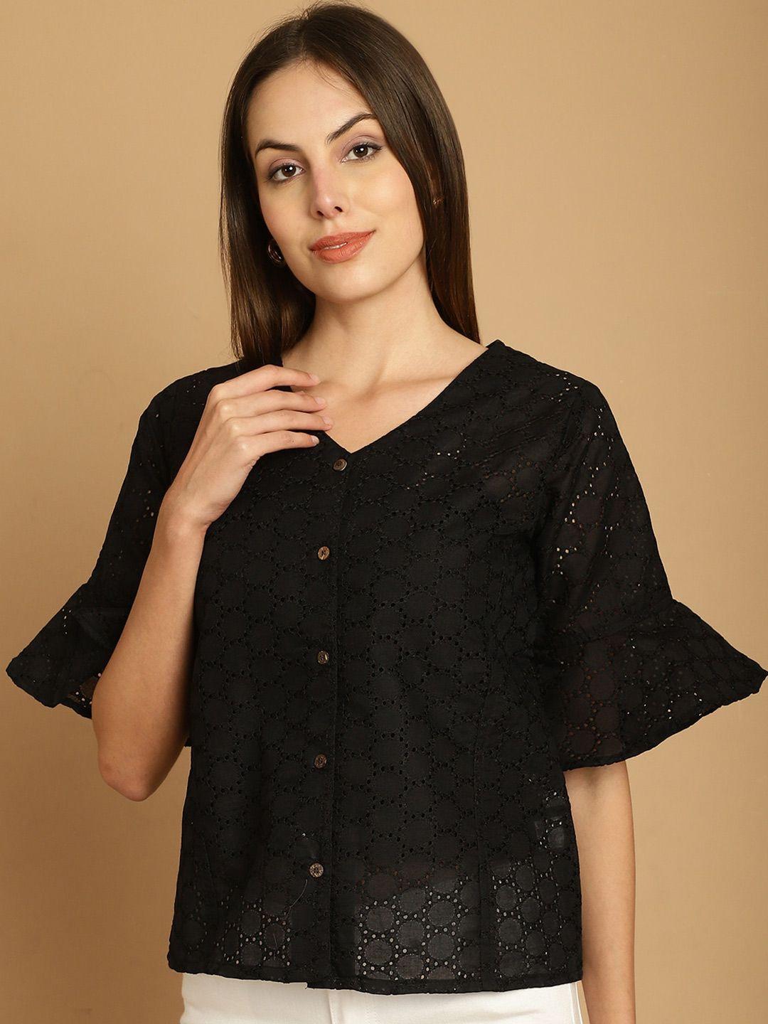 indian needle geometric embroidered v-neck cotton shirt style top