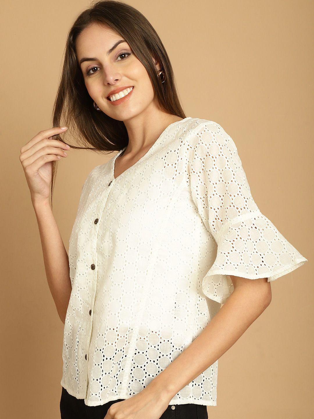 indian needle geometric embroidered v-neck cotton shirt style top