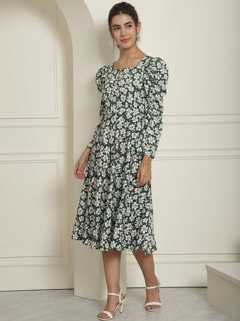 indian needle green floral print a line dress